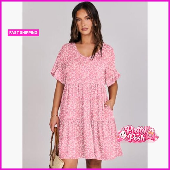 V Neck Ruffle Sleeve A Line Tiered Mini Dress with Pockets - Picture 3 of 7